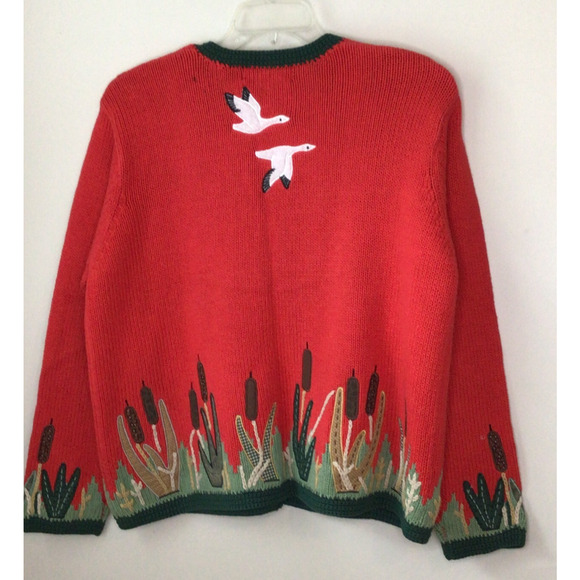 Orvis Vintage Red Flying Geese Sweater W/Green Trim, Cat Tails Cardigan Size XL - Picture 8 of 8